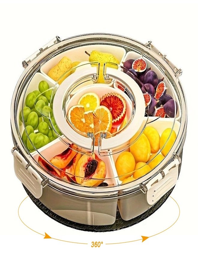 JOYNAVIOR Divided Serving Tray with Lid and Handle, 360° Rotating Snackle Box Container, Stackable Storage Box for Fruit Candy Veggie Spice, Portable Organizer for Kitchen Party Travel Picnic, 10.63x2.95 Inch - Image 1