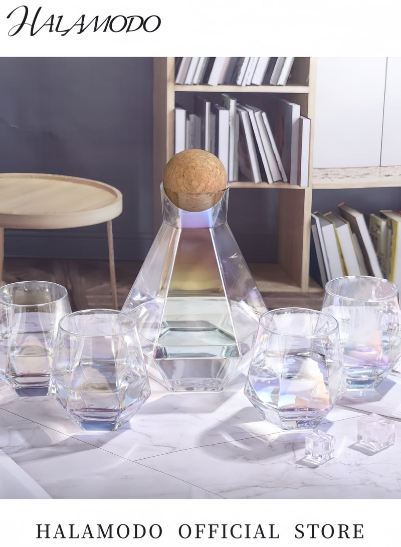Halamodo Iridescent Hexagonal Faceted Glass Water Carafe with Natural Wooden Sealing Lid Stylish Leakproof Pitcher for Cold Drinks Juice Infused Water & Modern Home Decor - Image 5