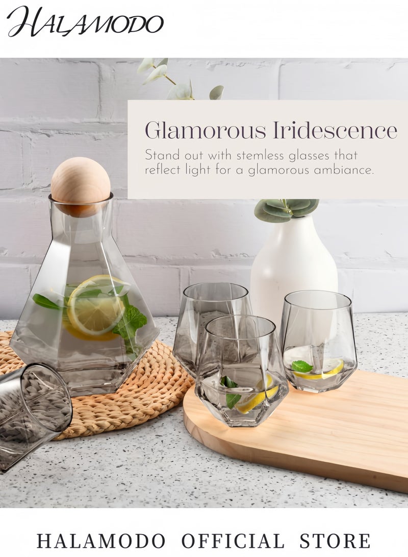 Halamodo Iridescent Hexagonal Faceted Glass Water Carafe with Natural Wooden Sealing Lid Stylish Leakproof Pitcher for Cold Drinks Juice Infused Water & Modern Home Decor - Image 2