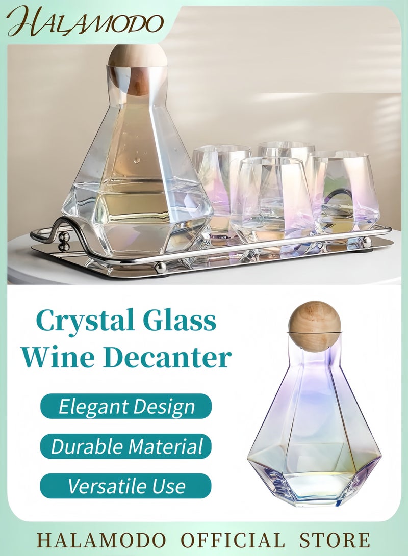Halamodo Iridescent Hexagonal Faceted Glass Water Carafe with Natural Wooden Sealing Lid Stylish Leakproof Pitcher for Cold Drinks Juice Infused Water & Modern Home Decor - Image 1