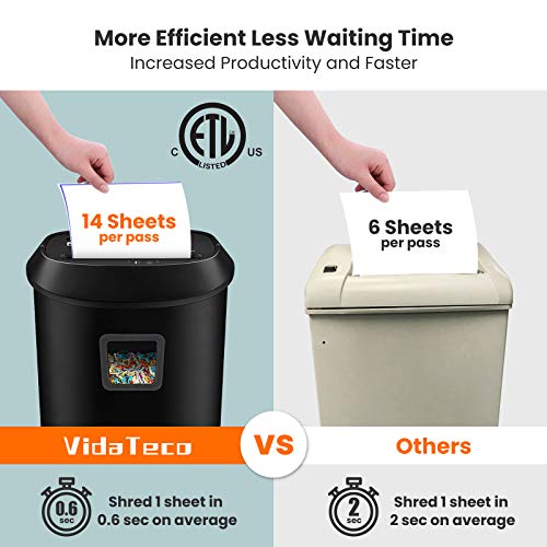 VidaTeco Paper Shredder 14-Sheet Cross-Cut Shredder with US Patented Cutter,Also Shreds Card/CD,Heavy Duty Paper Shredding Machine for Home Office,Fast with Jam Proof System,6.6-Gallon Basket (ETL) - Image 4