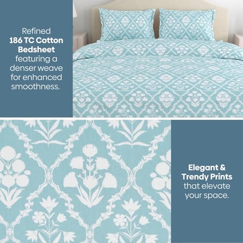 haus & kinder Bedsheet King Size Cotton Floral 186 TC, 108 * 108 Inches Bedsheets for Double Bed King Size with 2 Pillow Covers - Heritage Hues, Blue - Image 4