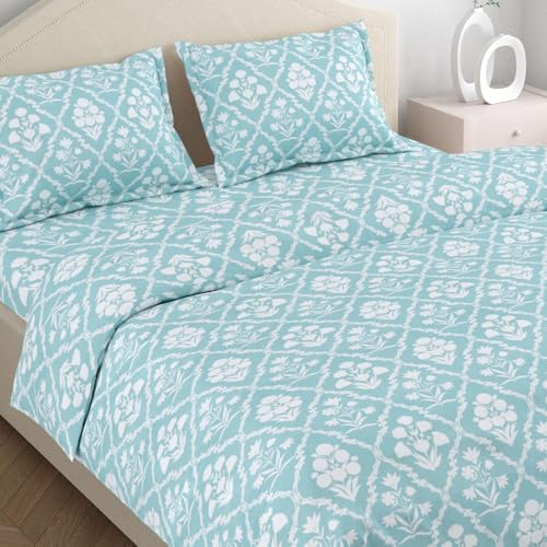 haus & kinder Bedsheet King Size Cotton Floral 186 TC, 108 * 108 Inches Bedsheets for Double Bed King Size with 2 Pillow Covers - Heritage Hues, Blue - Image 1