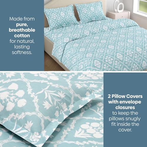 haus & kinder Bedsheet King Size Cotton Floral 186 TC, 108 * 108 Inches Bedsheets for Double Bed King Size with 2 Pillow Covers - Heritage Hues, Blue - Image 2