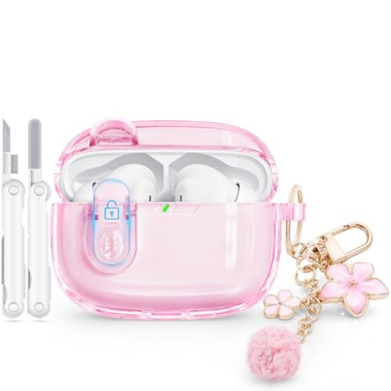 Clear Case for JBL Vibe Beam 2 2025 / JBL Vibe Beam (2023) with Safety Lock, TPU Transparent Protective Cover with Cleaner Kit and Bling Keychain for JBL Vibe 200TWS (2022) for Women Girls- Pink - Image 1