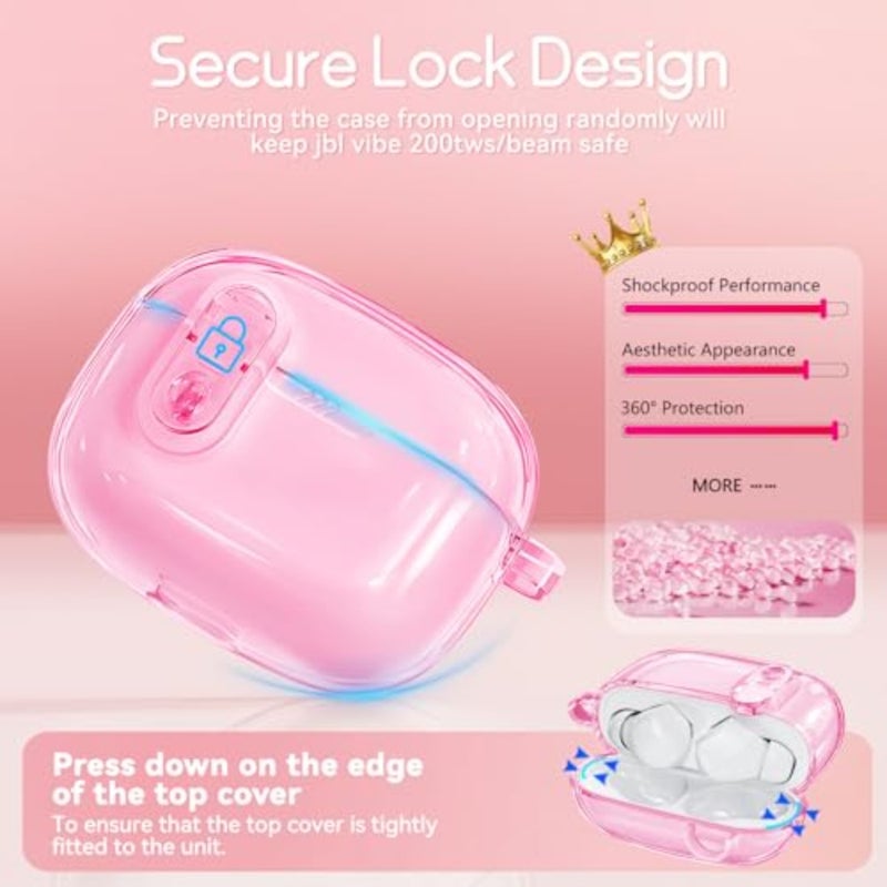 Clear Case for JBL Vibe Beam 2 2025 / JBL Vibe Beam (2023) with Safety Lock, TPU Transparent Protective Cover with Cleaner Kit and Bling Keychain for JBL Vibe 200TWS (2022) for Women Girls- Pink - Image 2