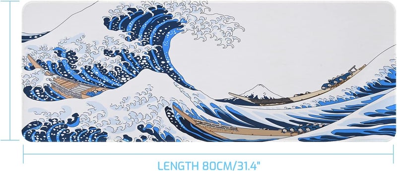 Tofun 31.4"x11.8"Extended Large Gaming Mouse Pad,XL Large Non-Slip Rubber Base Mousepad with Stitched Edges,Waterproof Keyboard Mouse Mat Desk Pad,Japanese Sea Wave, White and Blue Tones - Image 2