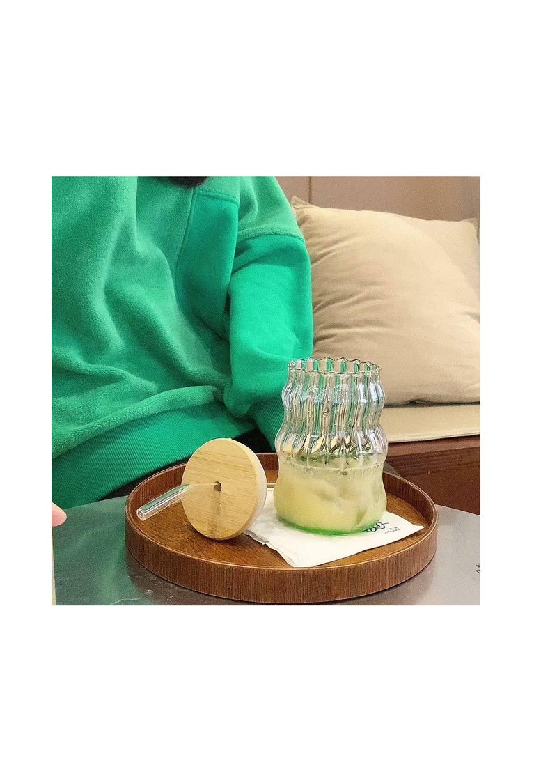 Glass Drink Cup with Triple Ribbed Design, 420ml Capacity Tumbler with Wooden Lid and Reusable Straw, Ideal for Iced Coffee, Juice, and Water, Stylish Glassware for Everyday Use  - Image 2