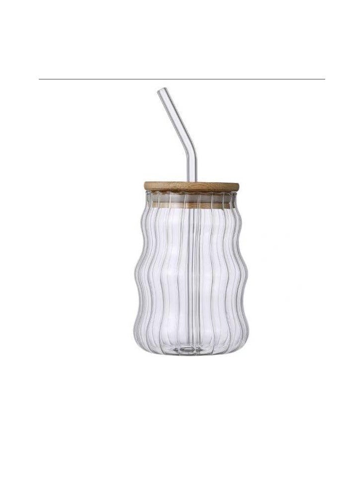 Glass Drink Cup with Triple Ribbed Design, 420ml Capacity Tumbler with Wooden Lid and Reusable Straw, Ideal for Iced Coffee, Juice, and Water, Stylish Glassware for Everyday Use  - Image 1