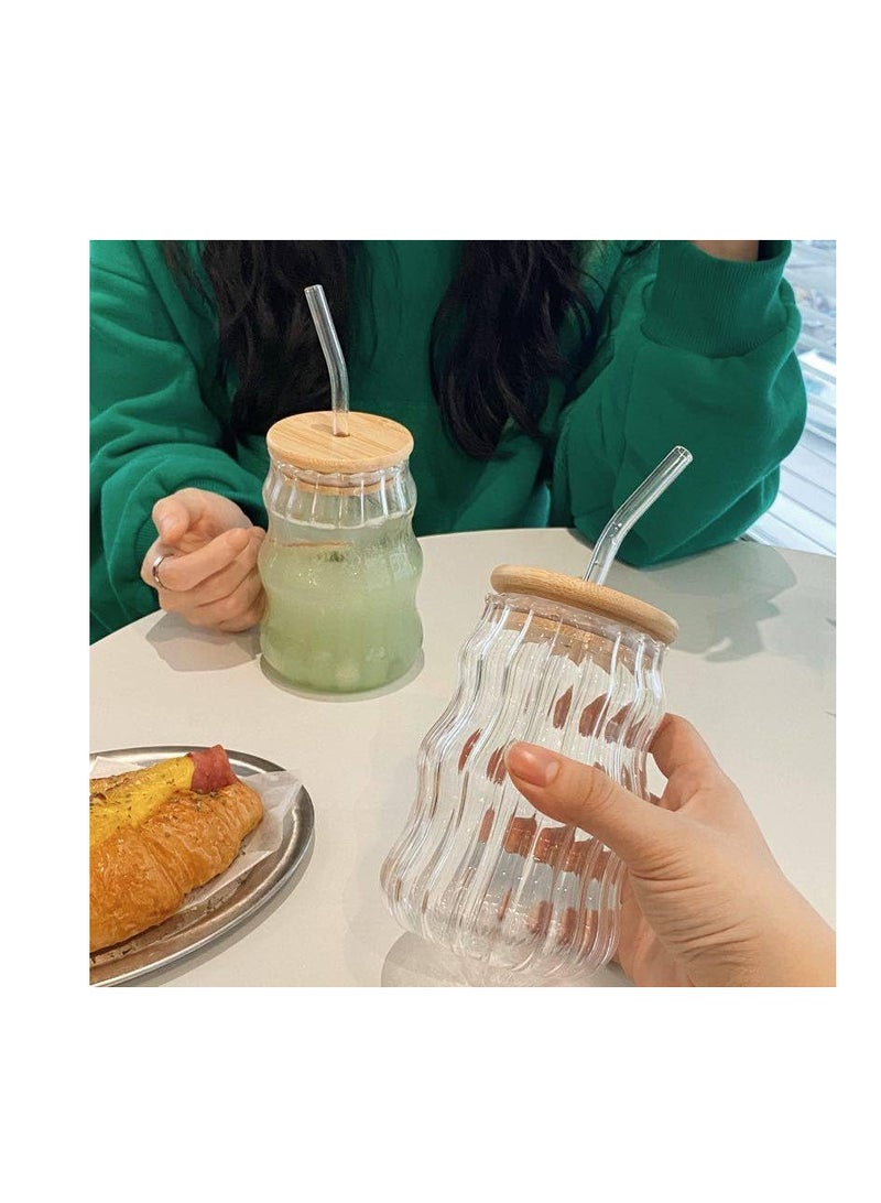 Glass Drink Cup with Triple Ribbed Design, 420ml Capacity Tumbler with Wooden Lid and Reusable Straw, Ideal for Iced Coffee, Juice, and Water, Stylish Glassware for Everyday Use  - Image 3