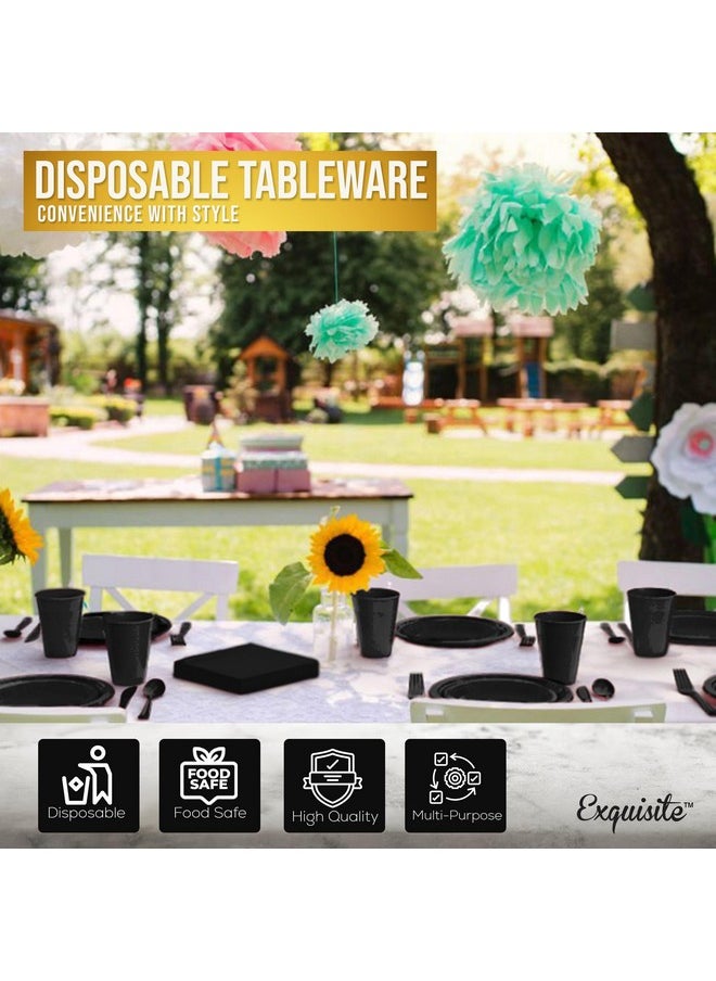 Exquisite 350 Pcs Black Plastic Plates For Party, Black Disposable Plates Set, 50 Of Each 9" Dinner Plate Set, 7" Dessert Plate, Cups, Napkins & Cutlery Plastic Dinnerware Exquisite  - Image 5