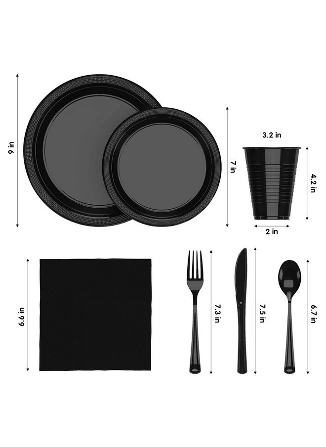 Exquisite 350 Pcs Black Plastic Plates For Party, Black Disposable Plates Set, 50 Of Each 9" Dinner Plate Set, 7" Dessert Plate, Cups, Napkins & Cutlery Plastic Dinnerware Exquisite  - Image 2