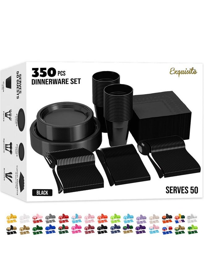 Exquisite 350 Pcs Black Plastic Plates For Party, Black Disposable Plates Set, 50 Of Each 9" Dinner Plate Set, 7" Dessert Plate, Cups, Napkins & Cutlery Plastic Dinnerware Exquisite  - Image 1