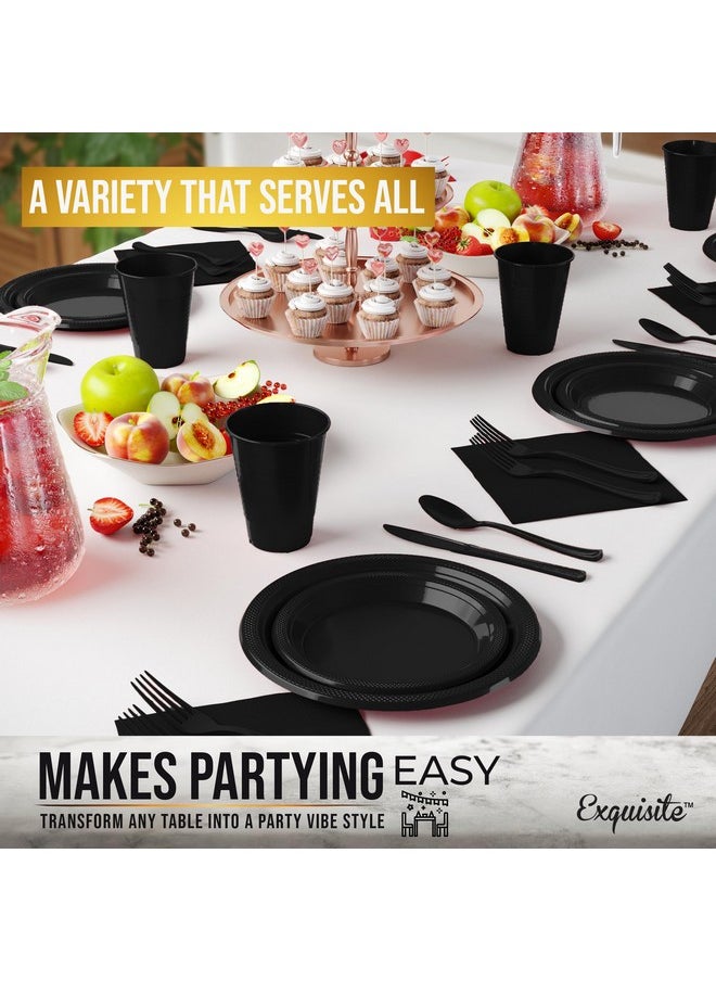 Exquisite 350 Pcs Black Plastic Plates For Party, Black Disposable Plates Set, 50 Of Each 9" Dinner Plate Set, 7" Dessert Plate, Cups, Napkins & Cutlery Plastic Dinnerware Exquisite  - Image 4