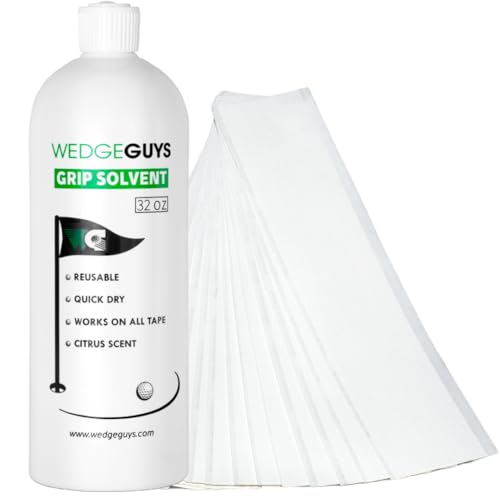 Wedge Guys 32 Ounce Golf Grip Solvent + 50 Tape Strips - Solvent Activated 2" x 10" Double Sided Adhesive Grip Tape Strips for Regripping Golf Clubs - Image 1