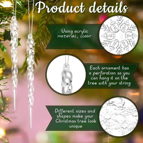 Youyole 42 Pcs Crystal Christmas Ornaments Clear Icicle Ornaments for Christmas Tree Decorations Acrylic Snowflake Icicle Drop Hanging Decorative Ornaments for Xmas Tree New Year Party Supplies - Image 3