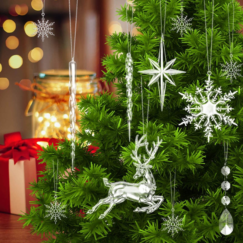 Youyole 42 Pcs Crystal Christmas Ornaments Clear Icicle Ornaments for Christmas Tree Decorations Acrylic Snowflake Icicle Drop Hanging Decorative Ornaments for Xmas Tree New Year Party Supplies - Image 2