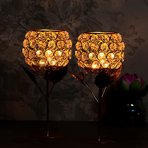 WebelKart New Premium Crystal Rose Brass Candle Holder for Decoration -Candle Stand for Diwali - Diwali Candle Holder (Model-1) - Image 3