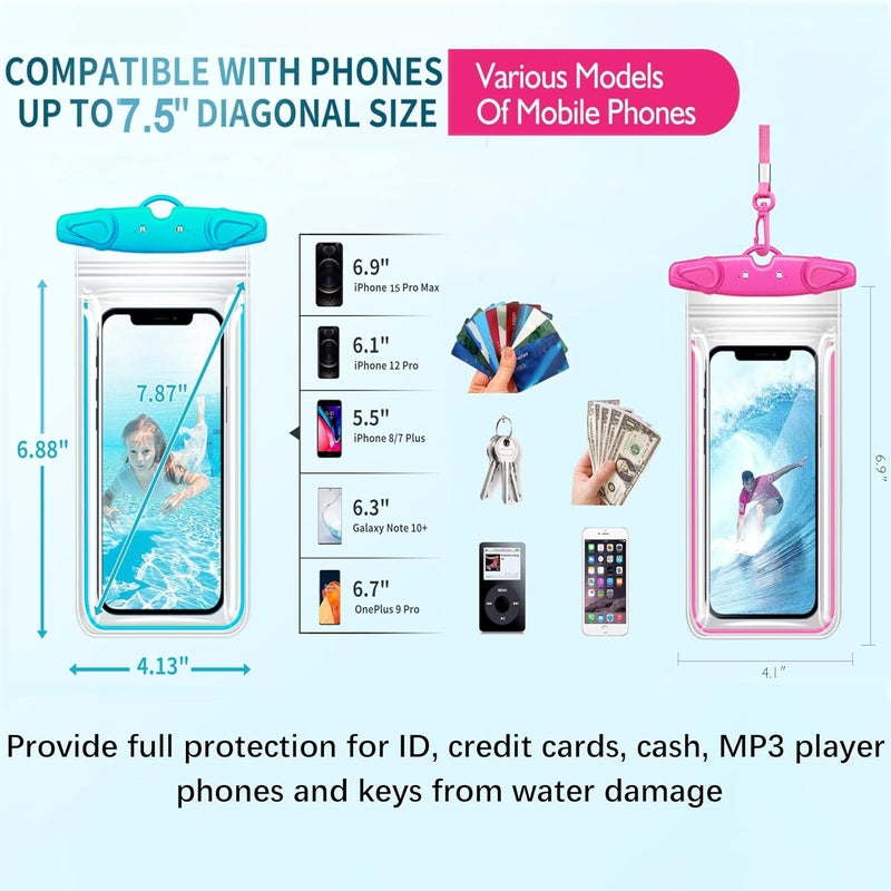 GLBSUNION Universal Waterproof Phone Pouch, 4 Pack Waterproof Phone Case Dry Bag with Neck Strap Luminous Ornament for Water Games Protect iPhone 16 15 14 13 Pro Max Plus Galaxy S24 S23 Google Note up to 7.5" - Image 5