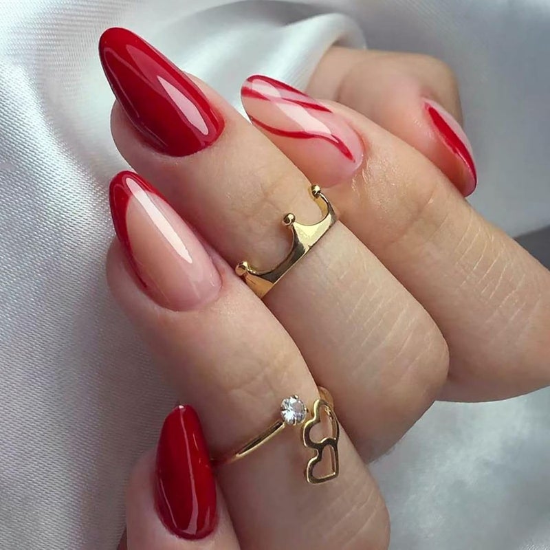 24pcs Short Almond French Tip Presson Nails Red Stickon Removable Glueon Full Cover Fake Nails for Wedding Valentines Day Women Brides Nail Art Accessories