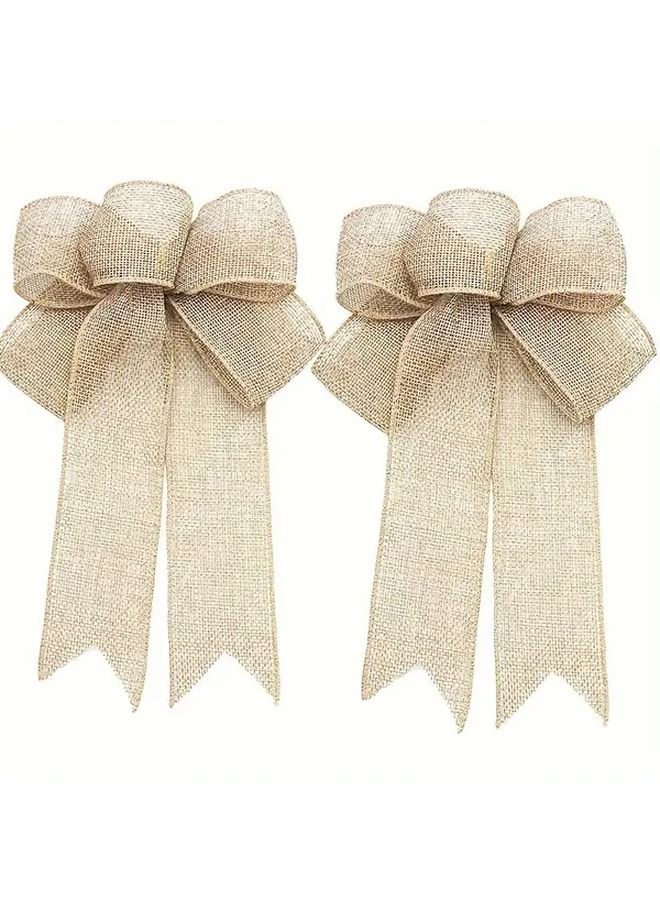 Khaki Burlap Bow Christmas Tree Wreath Decor With Long Hanging Ribbon Rustic Reusable Holiday Wedding Party Decoration - Image 2