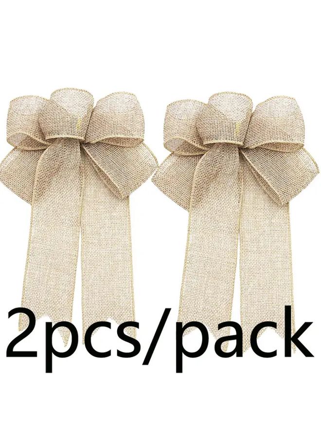 Khaki Burlap Bow Christmas Tree Wreath Decor With Long Hanging Ribbon Rustic Reusable Holiday Wedding Party Decoration - Image 1