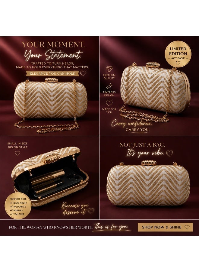 JOHN PAULS Luxury Chantelle Handmade Clutch Bag for Women, Purse & Wedding Guest Bag with Detachable Chain Strap Elegant Bridal Clutch Purse, Party Purse, & Formal Handbag for Women White & Gold - Image 3