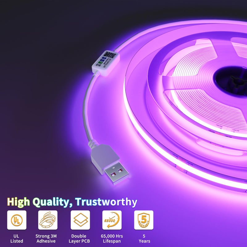 PAUTIX 5V USB RGB COB LED Strip Light 4.92ft/1.5m Color Changing Strip Lights,TV Backlight Multicolor Flexible Under Cabinet Tape Lights with Bluetooth Control for Bedroom,Kitchen,Home DIY Lighting - Image 5