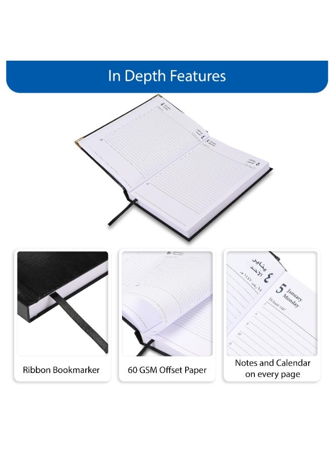 FIS 2026 A5 Diary, 148x210mm Size, 1 Side Padded Vinyl Cover, 1 Day a Page Format, Golden Corners, 60gsm White Paper, English/Arabic, Black Cover-FSDI22AE26BK - Image 5