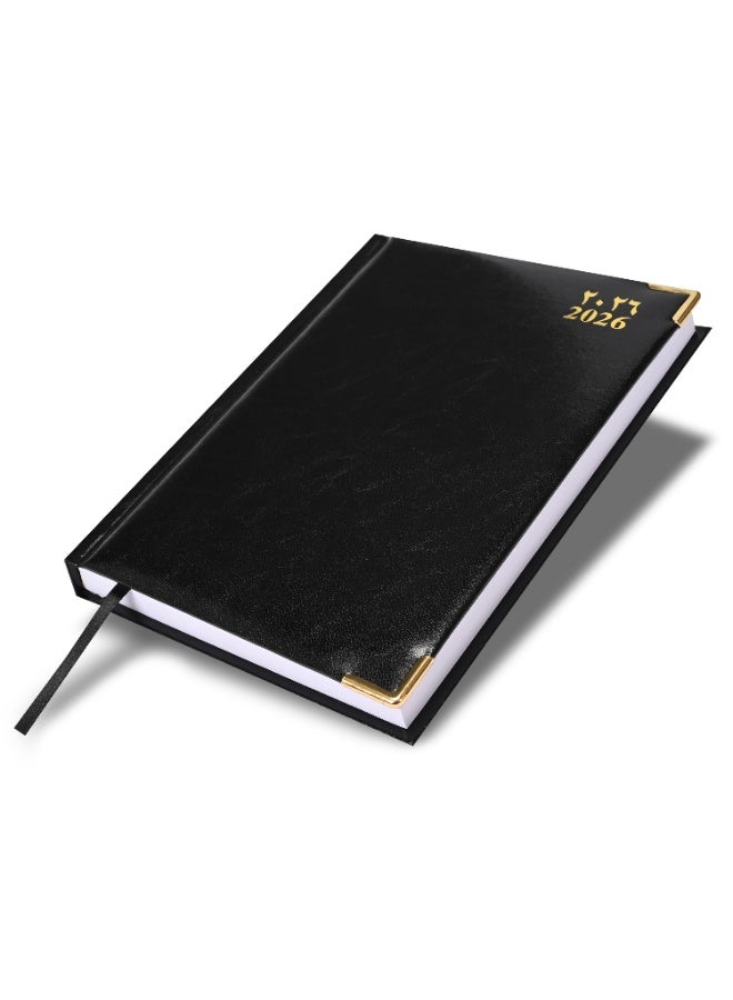 FIS 2026 A5 Diary, 148x210mm Size, 1 Side Padded Vinyl Cover, 1 Day a Page Format, Golden Corners, 60gsm White Paper, English/Arabic, Black Cover-FSDI22AE26BK - Image 1
