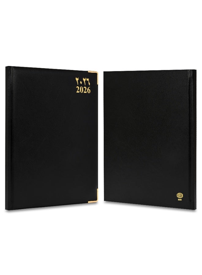 FIS 2026 A5 Diary, 148x210mm Size, 1 Side Padded Vinyl Cover, 1 Day a Page Format, Golden Corners, 60gsm White Paper, English/Arabic, Black Cover-FSDI22AE26BK - Image 2