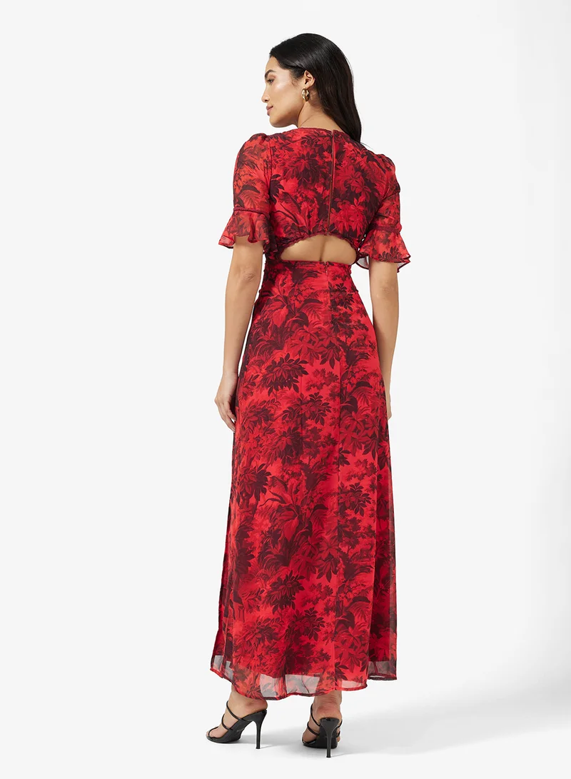 هوب اند ايفي Frill Sleeve Thigh Split Open Back with Lace Trim Maxi Dress