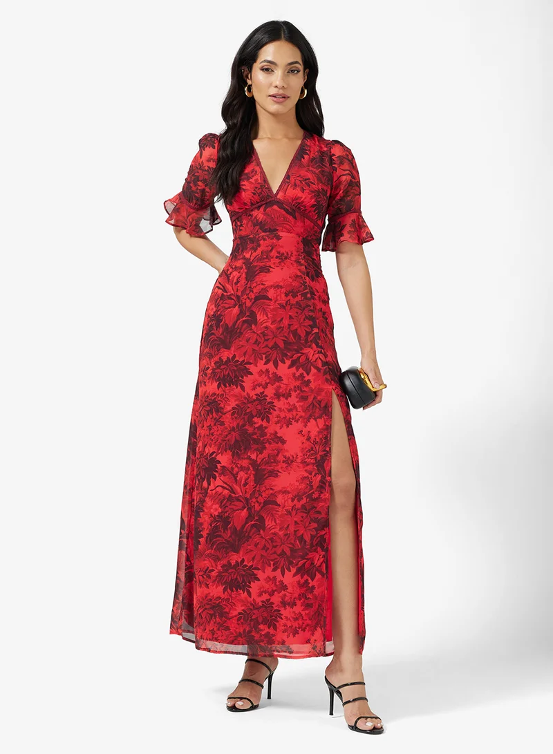 Hope & Ivy Frill Sleeve Thigh Split Open Back with Lace Trim Maxi Dress
