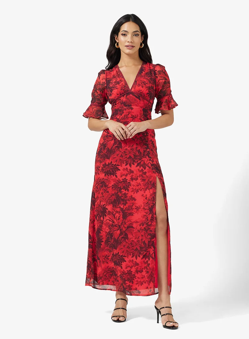 Hope & Ivy Frill Sleeve Thigh Split Open Back with Lace Trim Maxi Dress