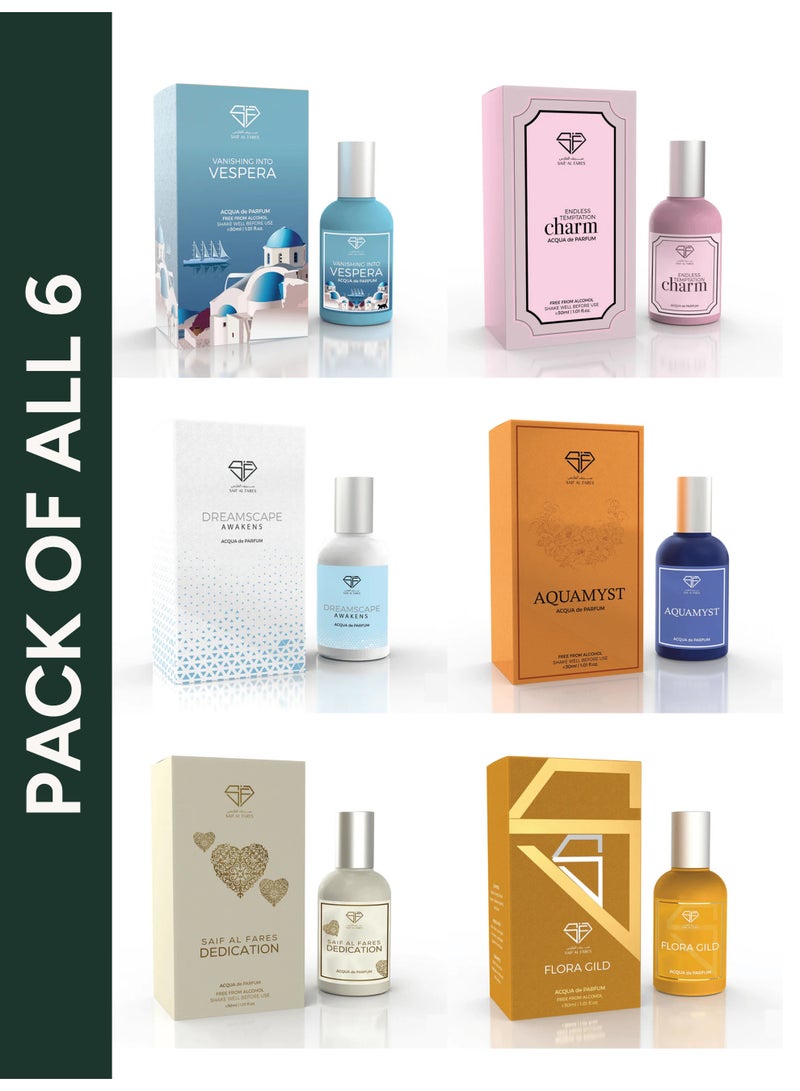 SAIF AL FARES All 6 Mystic Mix Pack | Flora Gild, Aquamyst, Charm, Vespera, Dedication, Dreamscape 6x30ML - Image 1
