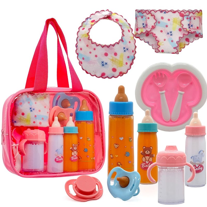 Linkyloop Baby Doll Accessories Magic Bottle Set 11 Pieces Doll Feeding Pretend Playset with Disappearing Milk Juice Bottles Pacifiers Bowl Diaper and Bib Doll Bottle Toys set Gift for Kids Girls Ages 3 - Image 3