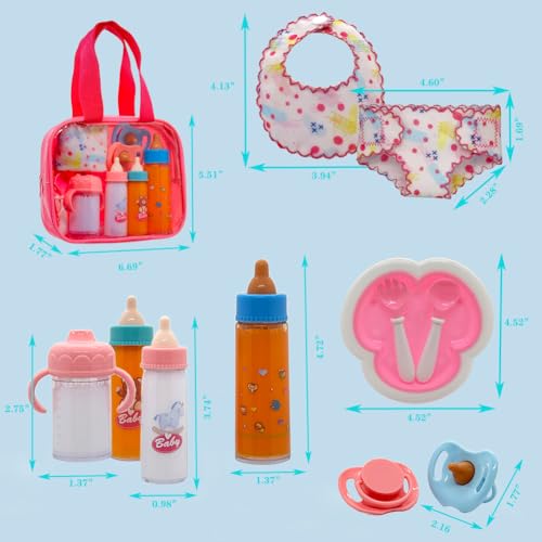 Linkyloop Baby Doll Accessories Magic Bottle Set 11 Pieces Doll Feeding Pretend Playset with Disappearing Milk Juice Bottles Pacifiers Bowl Diaper and Bib Doll Bottle Toys set Gift for Kids Girls Ages 3 - Image 5