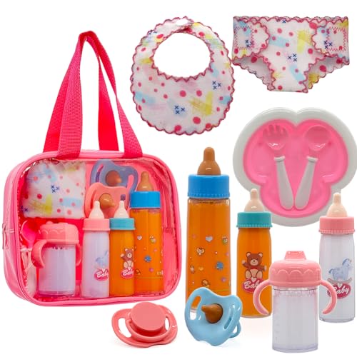Linkyloop Baby Doll Accessories Magic Bottle Set 11 Pieces Doll Feeding Pretend Playset with Disappearing Milk Juice Bottles Pacifiers Bowl Diaper and Bib Doll Bottle Toys set Gift for Kids Girls Ages 3 - Image 1