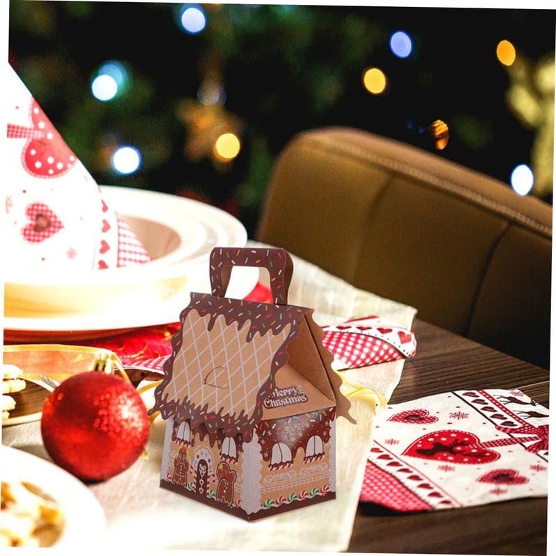SHERCHPRY 10pcs Gingerbread House Candy Boxes with Handle, Paper Holiday Treat Holders for Christmas Party Favors, Large Brown-edged Boxes for Cookie Packaging and Seasonal Decorations - Image 4