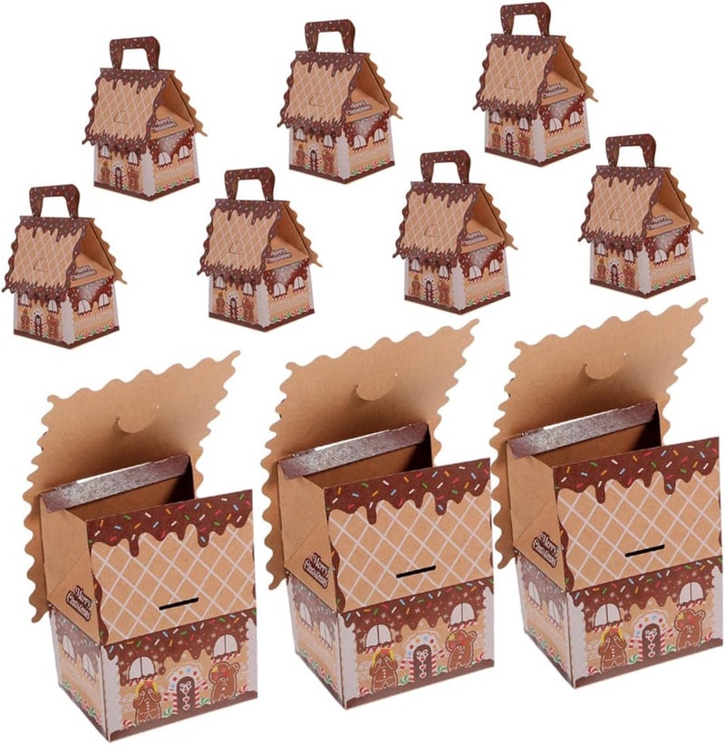 SHERCHPRY 10pcs Gingerbread House Candy Boxes with Handle, Paper Holiday Treat Holders for Christmas Party Favors, Large Brown-edged Boxes for Cookie Packaging and Seasonal Decorations - Image 1