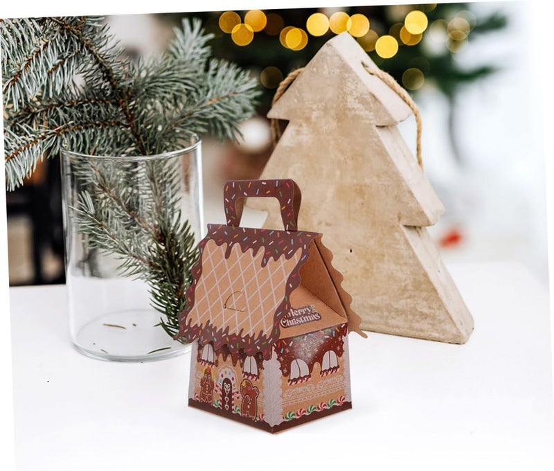 SHERCHPRY 10pcs Gingerbread House Candy Boxes with Handle, Paper Holiday Treat Holders for Christmas Party Favors, Large Brown-edged Boxes for Cookie Packaging and Seasonal Decorations - Image 5