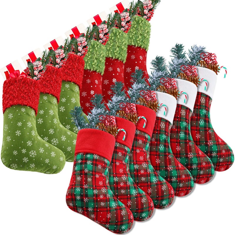 Syhood 12 Pieces 9 Inch Christmas Mini Stockings Plaid Snowflake Christmas Tree Hanging Stocking for Xmas New Year Party Decorations