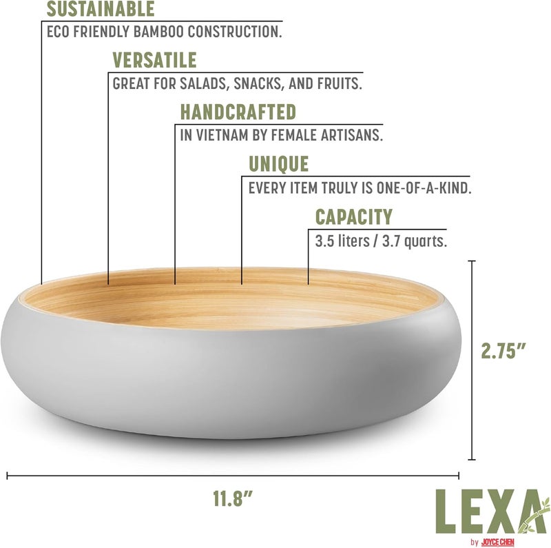 LEXA Bamboo Fruit Bowl for Kitchen Counter, 12 Inch Large & Round, Artisan Lacquered Wooden Fruit Bowl or Candy Bowl, Handcrafted Bamboo Fruit Basket for Kitchen & Home Decor (Gray) - Image 2
