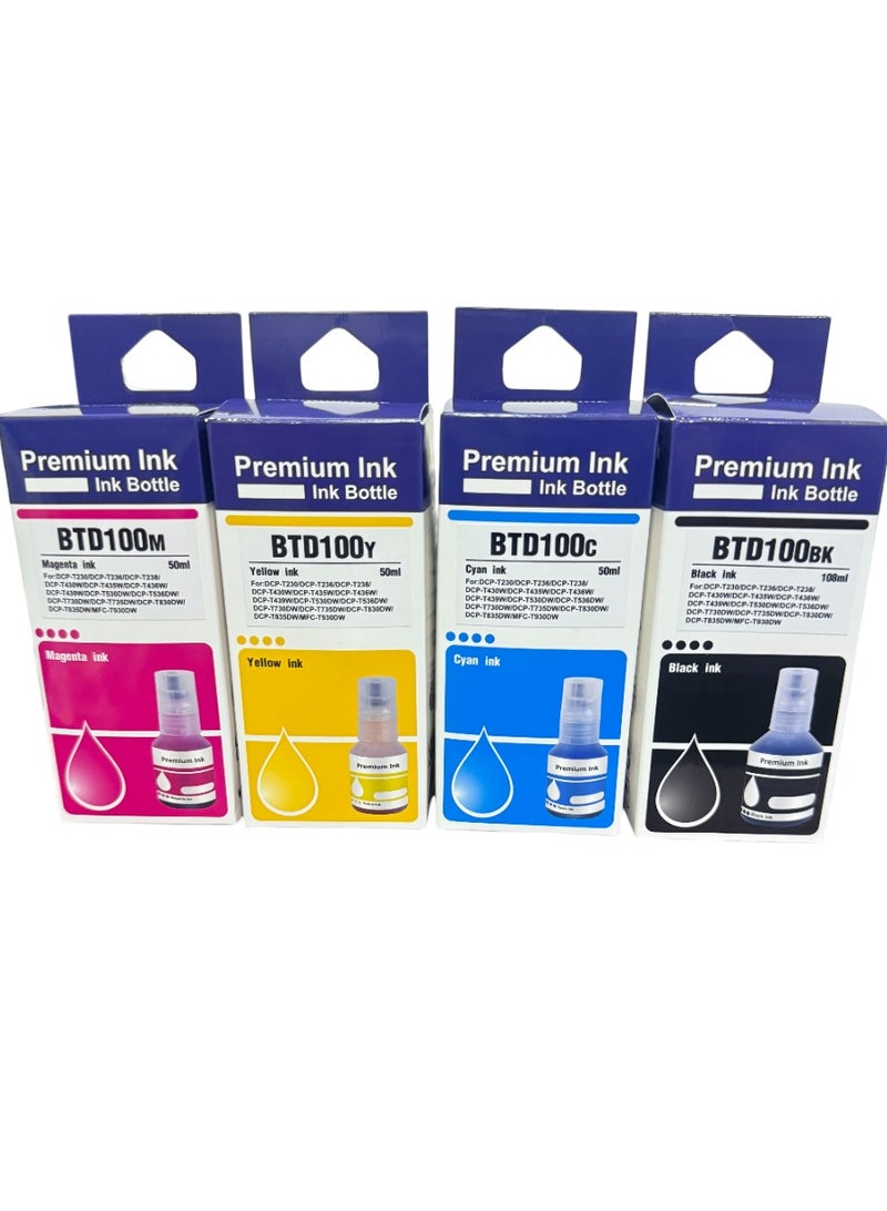 بريميم مجموعة حبر عالية الإنتاجية BTD100C بأربعة ألوان، عالية الإنتاجية لطابعة Brother DCP-T730DW T830DW T930DW أسود 108 مل، سماوي، أصفر، أرجواني 50 مل. - Image 1