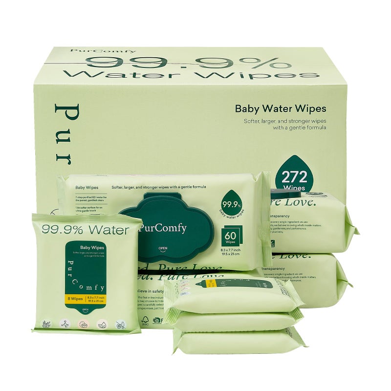 Purcomfy Baby Wipes Unscented  4 Flip-Top Packs + 4 Travel Pack 99.9% Water Wipes With Plant Based  Hypoallergenic For Sensitive Newborn Skin  Total 272 Count Wet Wipes - Image 1