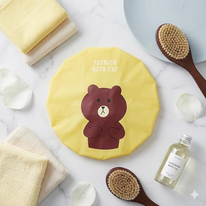 Waterproof Shower Cap with Cute Bear Design, Yellow, Comfortable Elastic Band - Image 2