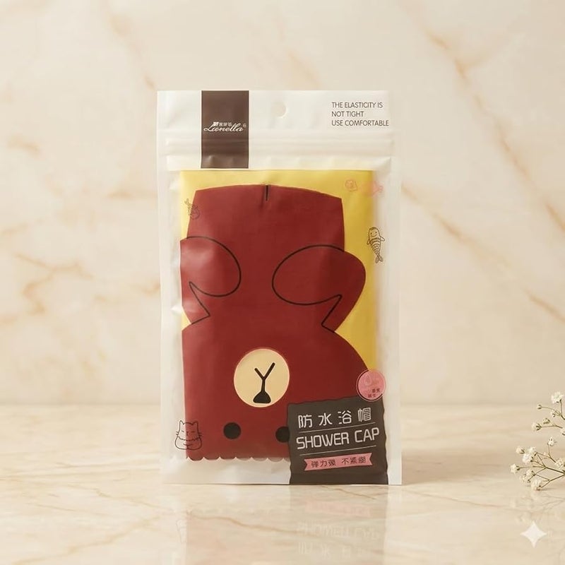 Waterproof Shower Cap with Cute Bear Design, Yellow, Comfortable Elastic Band - Image 1