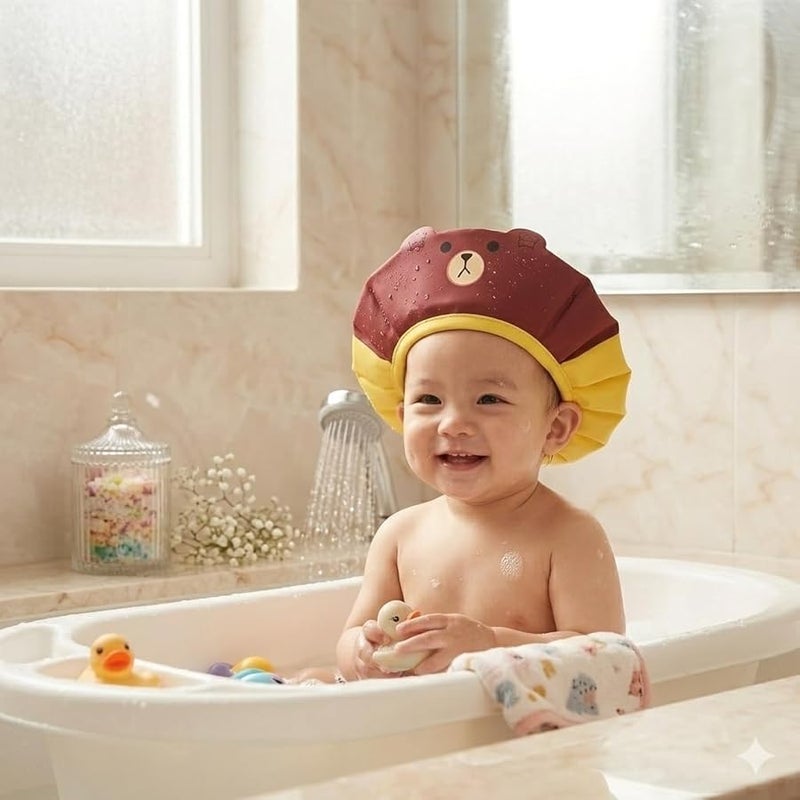 Waterproof Shower Cap with Cute Bear Design, Yellow, Comfortable Elastic Band - Image 3