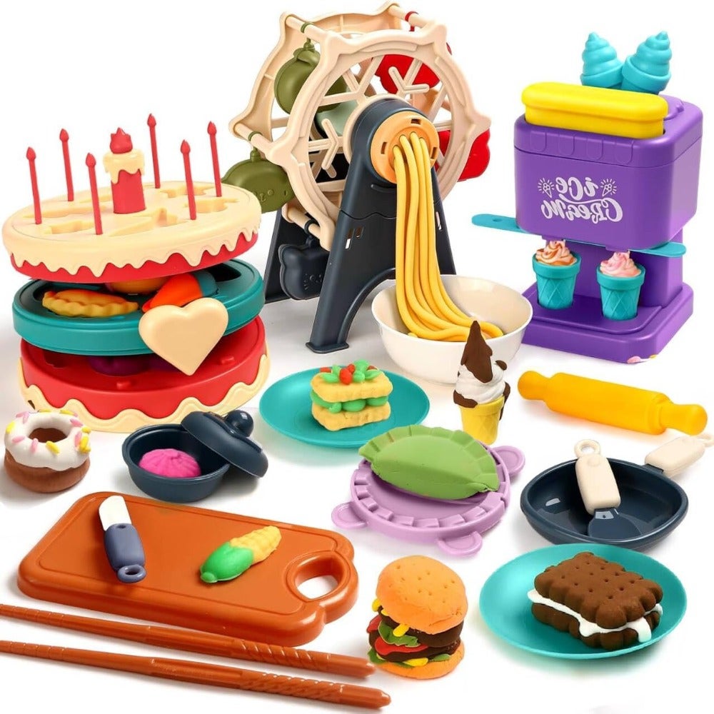 WadKA76 Pcs 4 in 1 Playdough Sets for Age 3-4-8, Dough Accessories Tools Kit, Ice Cream, Noodle Cake Hamburger Maker, Kitchen Playdough Toys Girls Boys Girls C XaqZQ