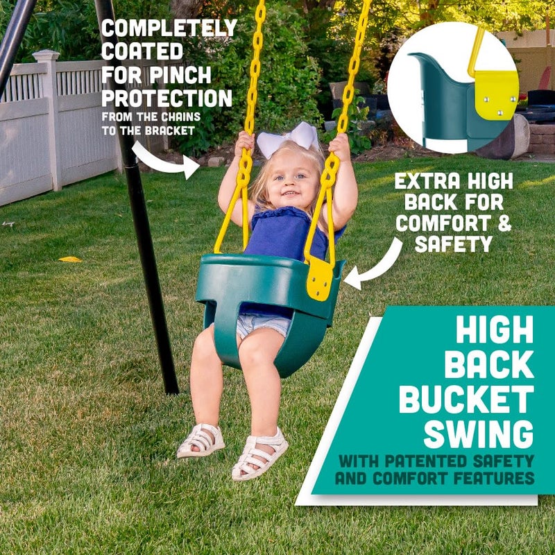 Squirrel Products Premium High Back Full Bucket Toddler Swing Seat with Finger Grip Plastic Coated Chains and Carabiners for Easy Install  Green  Squirrel Products - Image 3